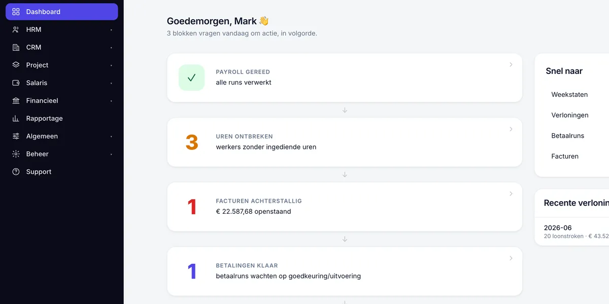 Commandocentrum van PayrollPro: de werkvoorraad van vandaag, van payroll gereed tot betalingen klaar.