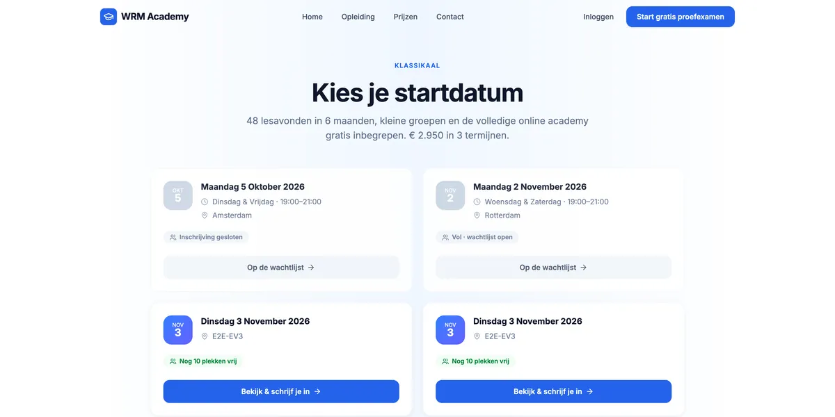 Pagina van WRM Academy om een startdatum voor de klassikale opleiding te kiezen, met lesavonden, plaats en vrije plekken.