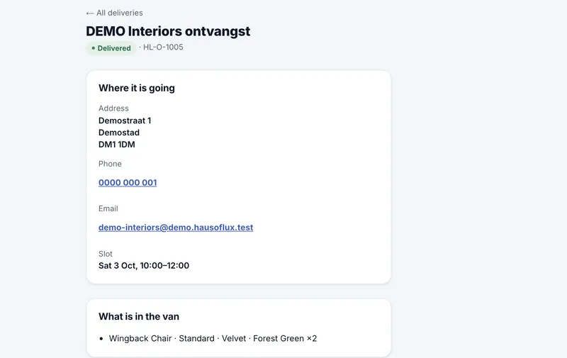 Koeriersportaal: een afgeleverde DEMO-levering met adres, telefoon, e-mail, tijdvak en wat er in de bus zit.