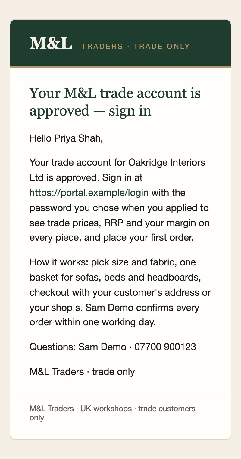 E-mail van M&L Traders: het handelsaccount is goedgekeurd, met een link om in te loggen en uitleg over bestellen.
