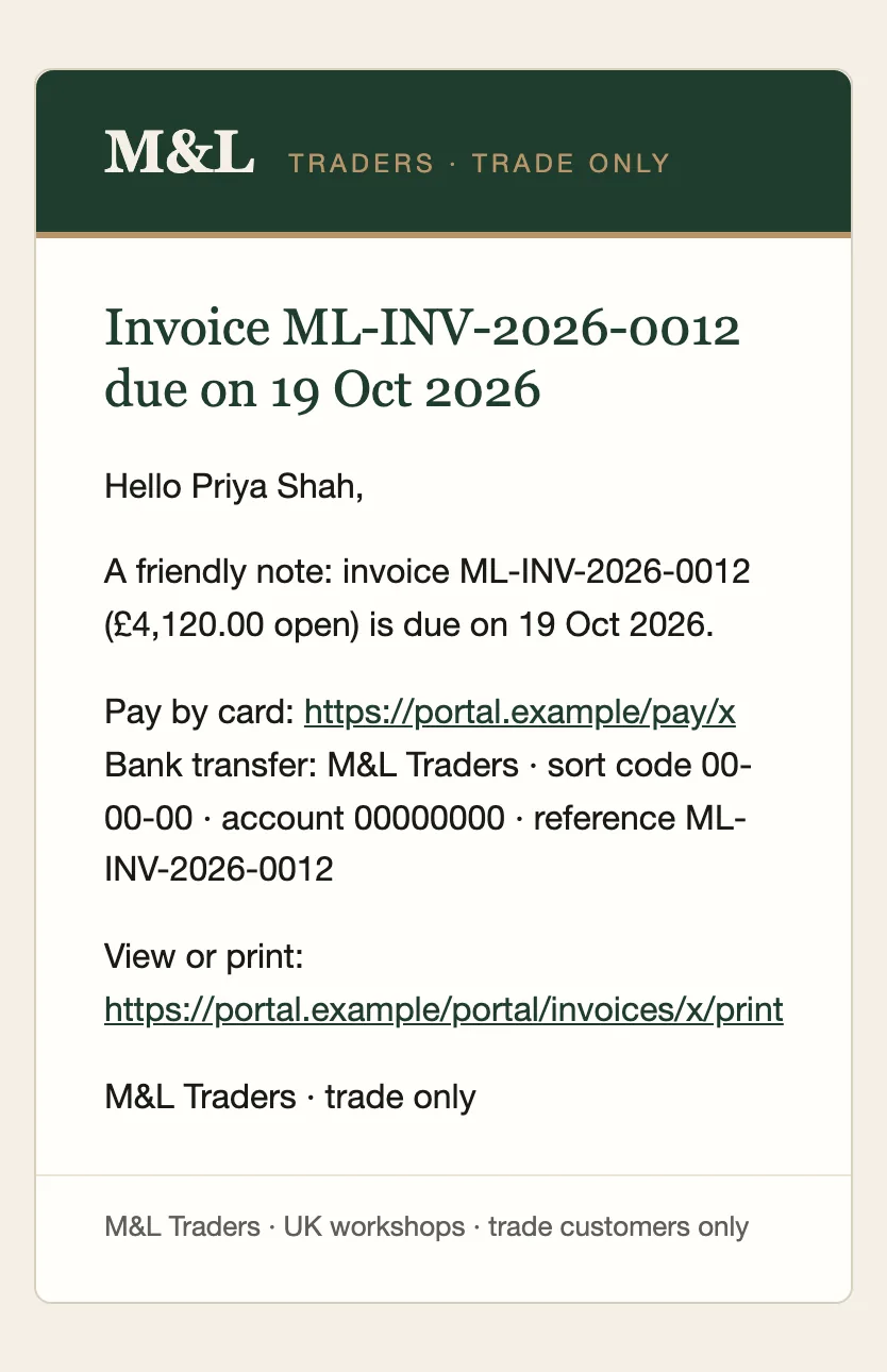 Vriendelijke herinnering van M&L Traders: een factuur met een openstaand demobedrag vervalt op 19 oktober, met een betaallink en de gegevens voor een bankoverschrijving.
