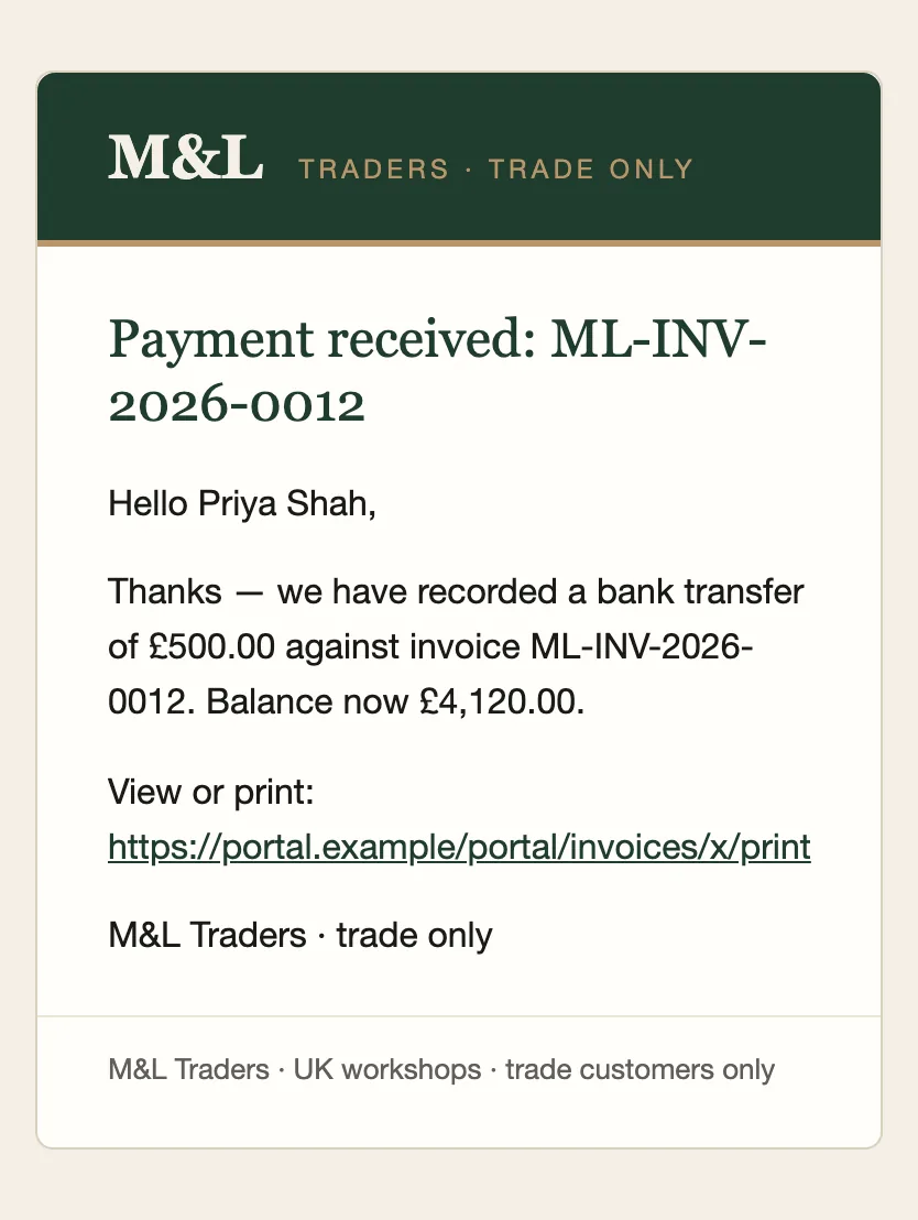 E-mail van M&L Traders met de kop ‘Payment received’: een bankoverschrijving is op de factuur geboekt en het nieuwe openstaande saldo staat erbij.