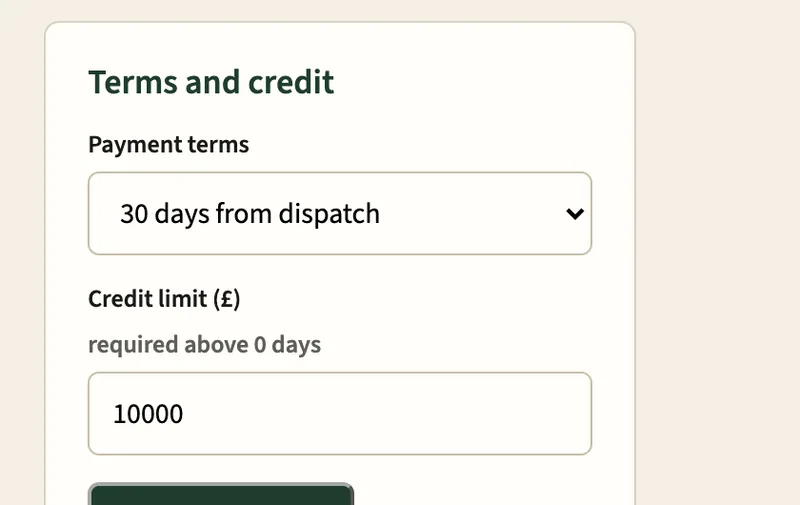 Betaaltermijn en kredietlimiet van een handelaar: 30 dagen na verzending en een limiet in ponden.
