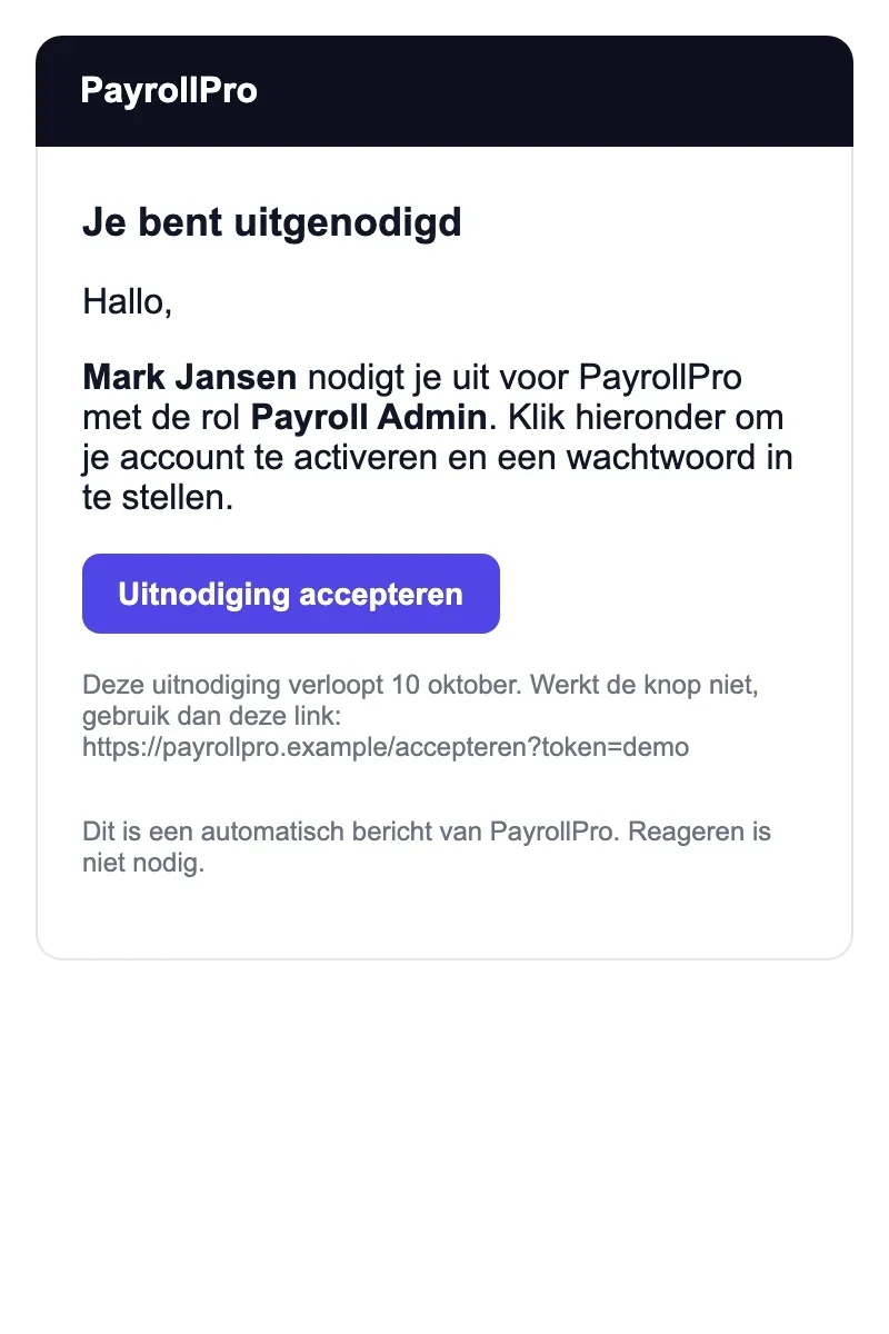 Uitnodigingsmail van PayrollPro: een collega nodigt je uit met de rol Payroll Admin, met een knop om de uitnodiging te accepteren.