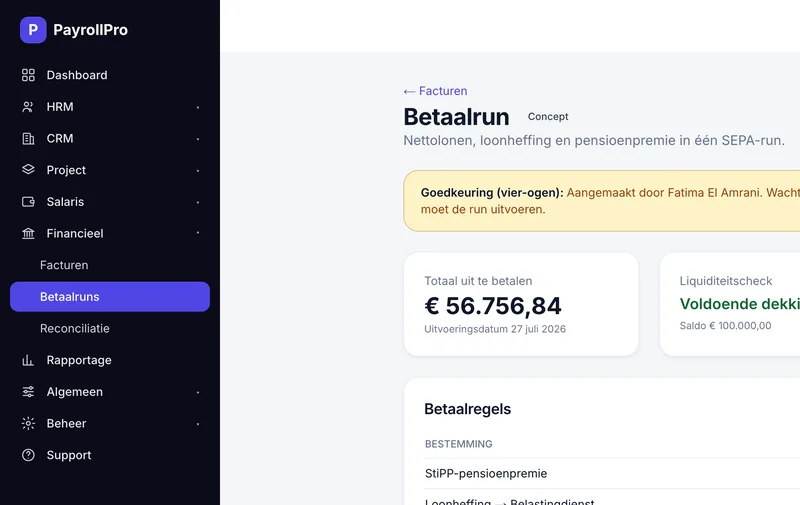 Betaalrun in PayrollPro: totaal uit te betalen, de goedkeuring door een tweede persoon en de betaalregels voor de bank.