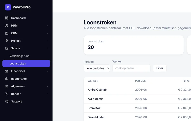 Loonstrokenoverzicht van PayrollPro: twintig loonstroken van juni, met per werknemer de periode en een PDF-link.