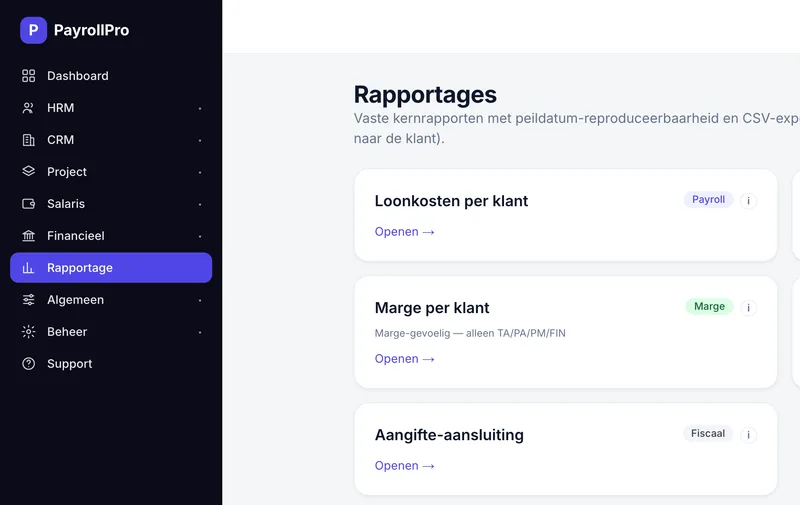Rapportages in PayrollPro: loonkosten per klant, marge per klant en aangifte-aansluiting, elk met een knop om te openen.