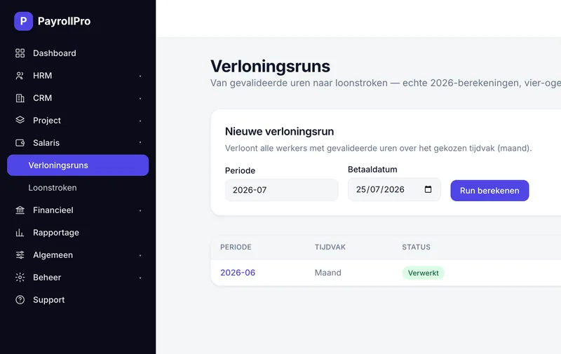 Scherm Verloningsruns: een nieuwe run kiezen met periode en betaaldatum, en de verwerkte run van juni eronder.