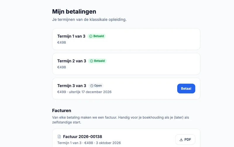 Betaaloverzicht van een democursist: twee termijnen betaald, de derde open met vervaldatum, en de facturen eronder.