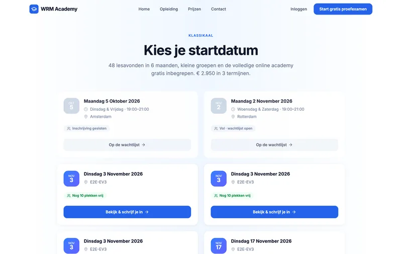 Startdata voor de klassikale opleiding bij WRM Academy: datum, lesavonden, plaats, wachtlijst en vrije plekken.