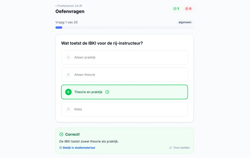 Oefenvraag bij WRM Academy, goed beantwoord, met direct de uitleg eronder en een knop naar de volgende vraag.