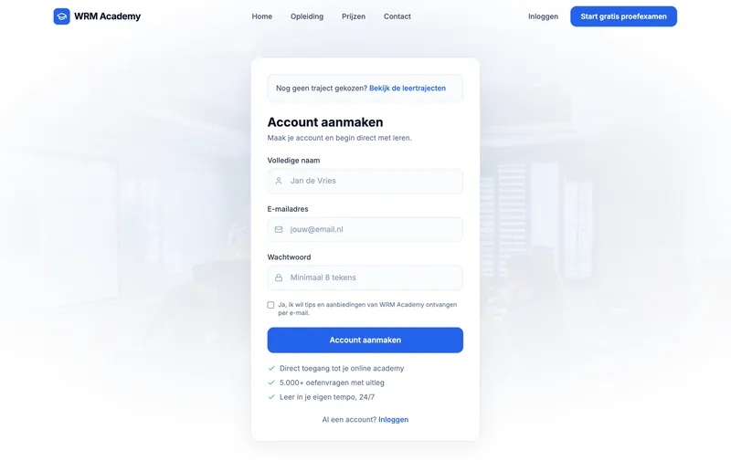 Aanmeldpagina van WRM Academy voor een gratis proefaccount: naam, e-mailadres en wachtwoord.