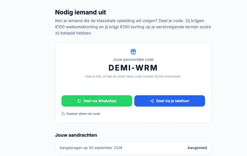 Verwijsprogramma bij WRM Academy: de persoonlijke code van de cursist en knoppen om die te delen.