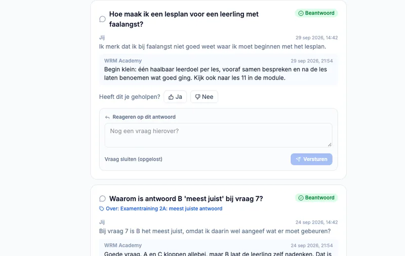 Vragenloket bij WRM Academy: de vraag van een cursist over een lesplan en het antwoord van de docent.